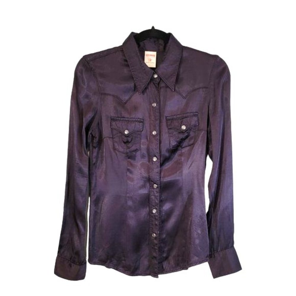 SOLD! True Religion Shiny Bluish Black Western Rockabilly Retro Hipster Top - XS